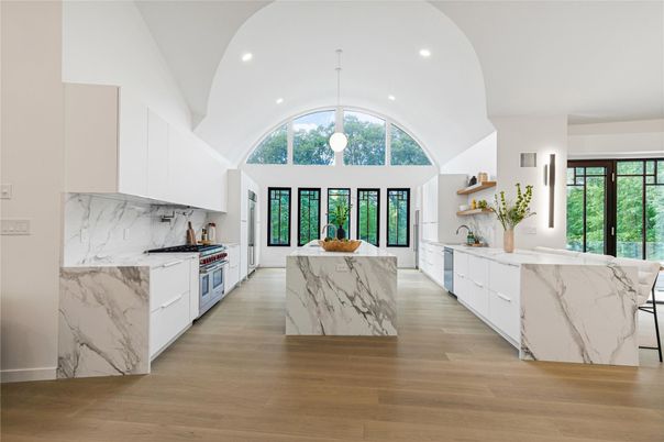 Interior, Kitchen, Marble Walls, Pendant Lights, Recessed Lighting, Wood Texture Flooring