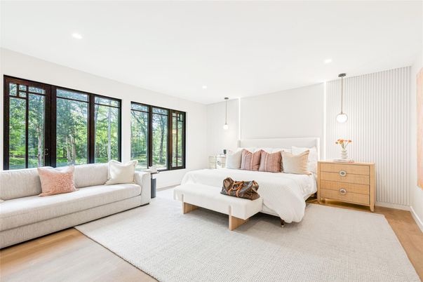 Bedroom, Interior, Pendant Lights, Recessed Lighting, Wood Texture Flooring