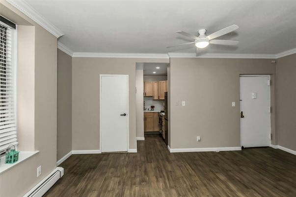 Empty room, Interior, Kitchen, Recessed Lighting, Wood Texture Flooring