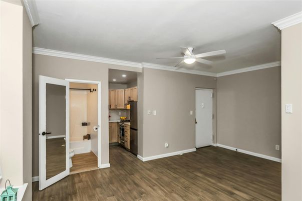 Empty room, Interior, Kitchen, Recessed Lighting, Wood Texture Flooring
