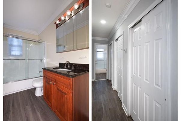 Bathroom, Glass Shower, Interior, Recessed Lighting, Wood Texture Flooring
