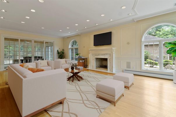 Fireplace, Interior, Living room, Recessed Lighting, Wood Texture Flooring