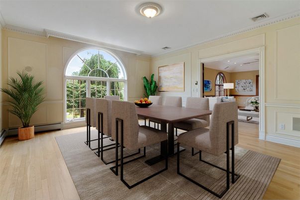 Dining room, Interior, Recessed Lighting, Wood Texture Flooring