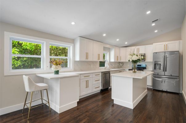 Interior, Kitchen, Recessed Lighting, Stainless Steel Appliances, Wood Texture Flooring