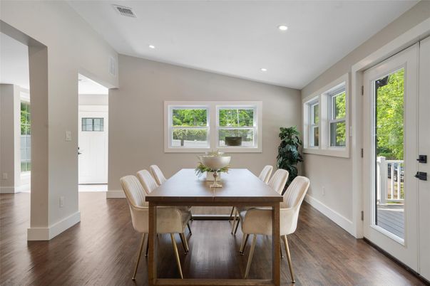 Dining room, Interior, Recessed Lighting, Wood Texture Flooring