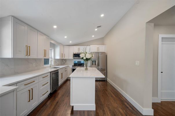 Interior, Kitchen, Recessed Lighting, Stainless Steel Appliances, Wood Texture Flooring