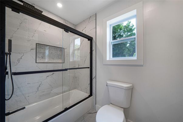 Bathroom, Glass Shower, Interior, Marble Walls, Recessed Lighting