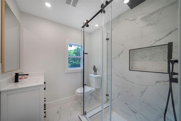 Bathroom, Glass Shower, Interior, Marble, Marble Walls, Recessed Lighting