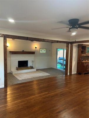 Empty room, Fireplace, Interior, Recessed Lighting, Wood Texture Flooring