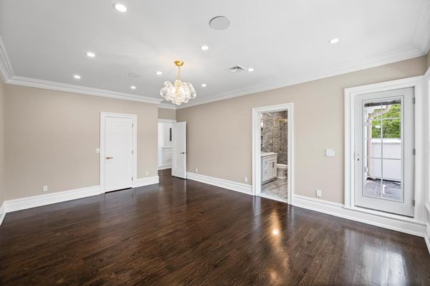 Bathroom, Chandelier, Empty room, Interior, Recessed Lighting, Wood Texture Flooring