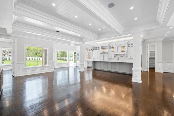 Empty room, Interior, Pendant Lights, Recessed Lighting, Wood Texture Flooring