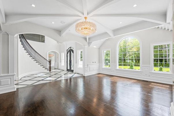 Chandelier, Empty room, Interior, Recessed Lighting, Wood Texture Flooring