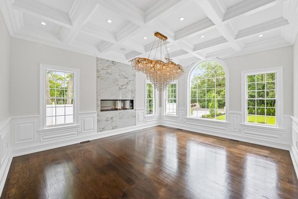Chandelier, Empty room, Interior, Marble Walls, Recessed Lighting, Wood Texture Flooring