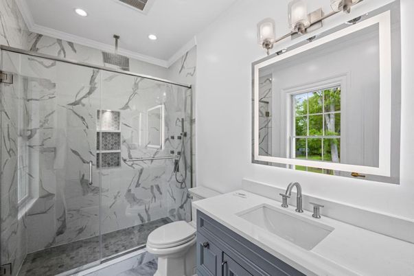 Bathroom, Glass Shower, Interior, Marble Walls, Recessed Lighting