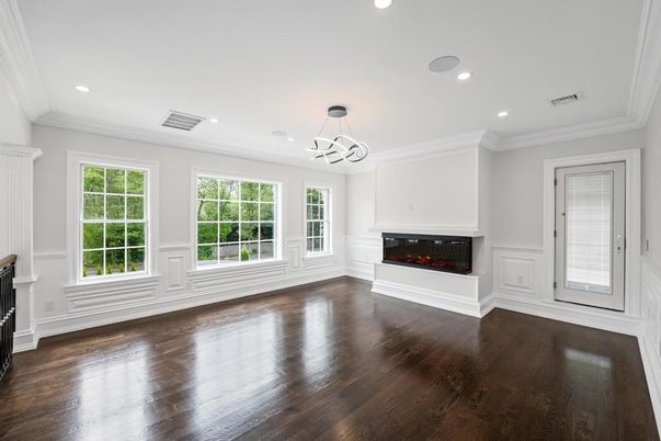 Empty room, Fireplace, Interior, Pendant Lights, Recessed Lighting, Wood Texture Flooring