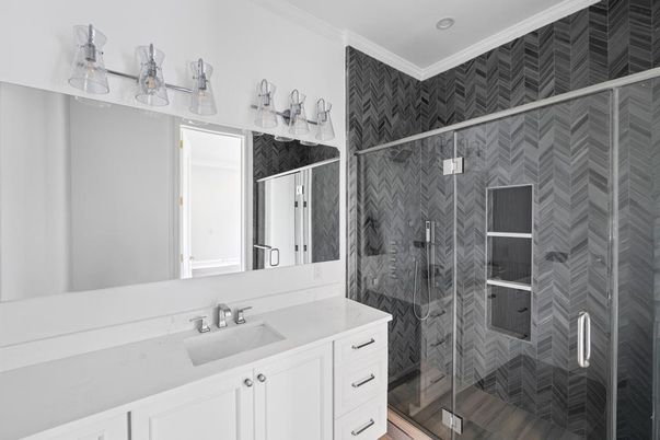 Bathroom, Glass Shower, Interior, Wood Texture Flooring