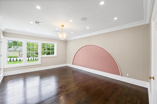 Chandelier, Empty room, Interior, Recessed Lighting, Wood Texture Flooring