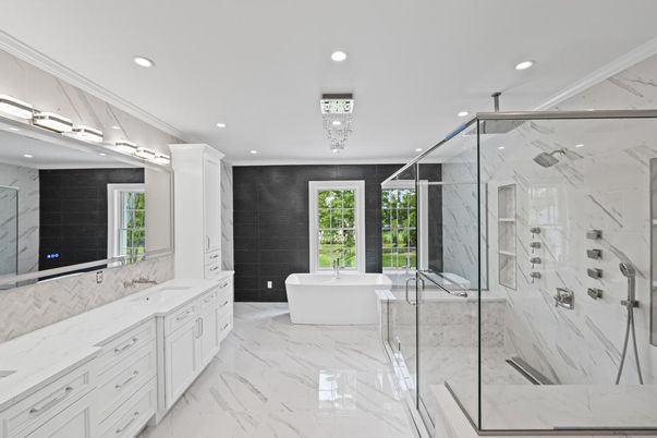 Bathroom, Free Standing Baths, Glass Shower, Interior, Marble, Marble Walls, Recessed Lighting