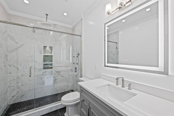 Bathroom, Glass Shower, Interior, Marble Walls, Recessed Lighting
