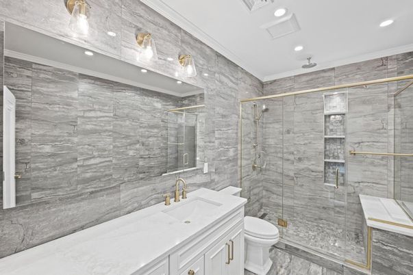 Bathroom, Glass Shower, Interior, Marble, Marble Walls, Recessed Lighting