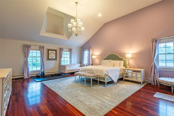 Bedroom, Chandelier, Interior, Recessed Lighting, Wood Texture Flooring