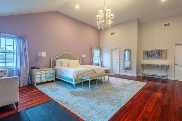Bedroom, Chandelier, Interior, Recessed Lighting, Wood Texture Flooring