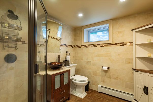 Bathroom, Glass Shower, Interior, Recessed Lighting, Wood Texture Flooring