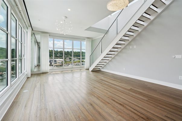 Empty room, Interior, Pendant Lights, Recessed Lighting, Wood Texture Flooring