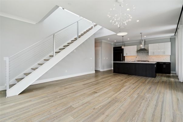 Interior, Kitchen, Pendant Lights, Recessed Lighting, Stainless Steel Appliances, Wood Texture Flooring