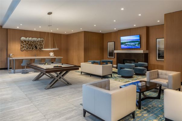 Billiard Table, Fireplace, Game Room, Interior, Living room, Pendant Lights, Recessed Lighting, Wooden Walls