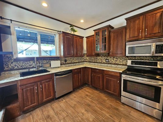 Interior, Kitchen, Recessed Lighting, Stainless Steel Appliances, Wood Texture Flooring