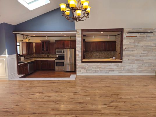 Chandelier, Interior, Kitchen, Recessed Lighting, Stainless Steel Appliances, Wood Texture Flooring