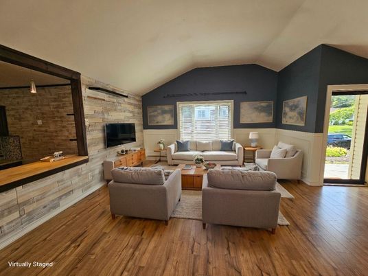 Interior, Living room, Stone Walls, Wood Texture Flooring