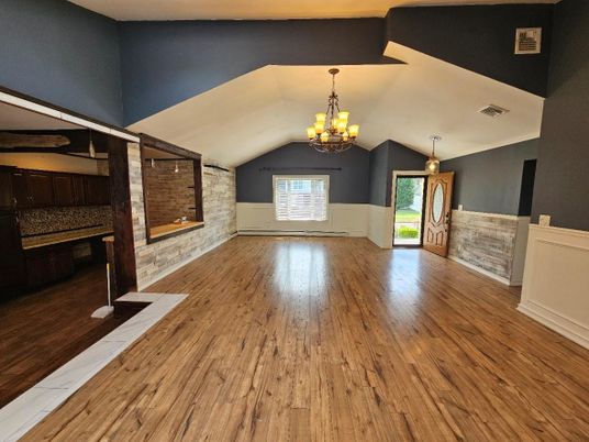 Chandelier, Empty room, Interior, Stone Walls, Wood Texture Flooring