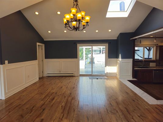 Chandelier, Empty room, Interior, Recessed Lighting, Wood Texture Flooring