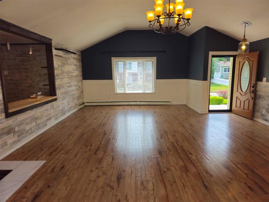 Chandelier, Empty room, Interior, Stone Walls, Wood Texture Flooring