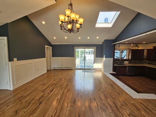 Chandelier, Empty room, Interior, Kitchen, Recessed Lighting, Wood Texture Flooring
