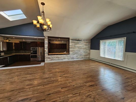 Chandelier, Empty room, Interior, Kitchen, Wood Texture Flooring