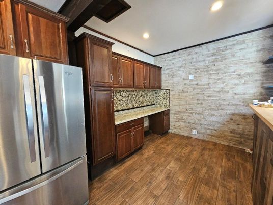 Interior, Kitchen, Recessed Lighting, Stainless Steel Appliances, Stone Walls, Wood Texture Flooring