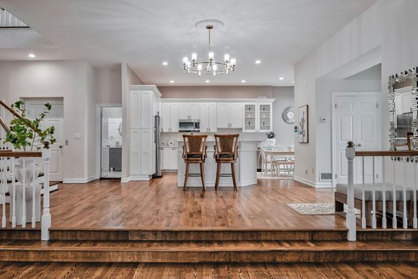 Chandelier, Interior, Kitchen, Recessed Lighting, Wood Texture Flooring