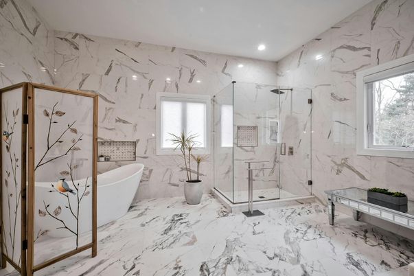 Bathroom, Free Standing Baths, Glass Shower, Interior, Marble, Marble Walls, Recessed Lighting