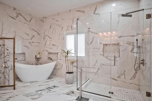 Bathroom, Free Standing Baths, Glass Shower, Interior, Marble, Marble Walls, Recessed Lighting