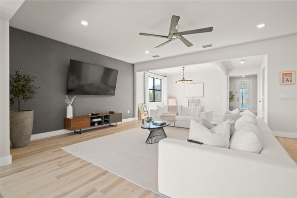 Interior, Living room, Pendant Lights, Recessed Lighting, Wood Texture Flooring