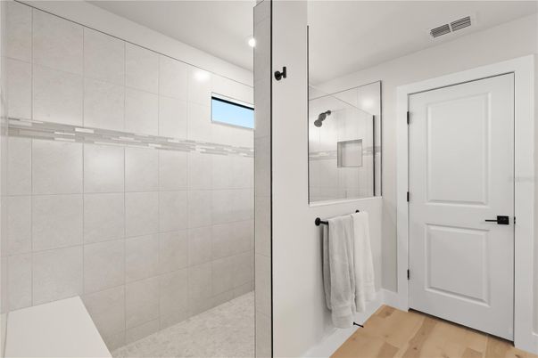 Bathroom, Glass Shower, Interior, Wood Texture Flooring