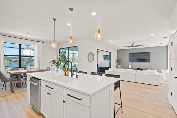 Dining room, Interior, Kitchen, Living room, Pendant Lights, Recessed Lighting, Water, Wood Texture Flooring