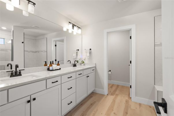 Bathroom, Dual Sink Vanities, Interior, Wood Texture Flooring