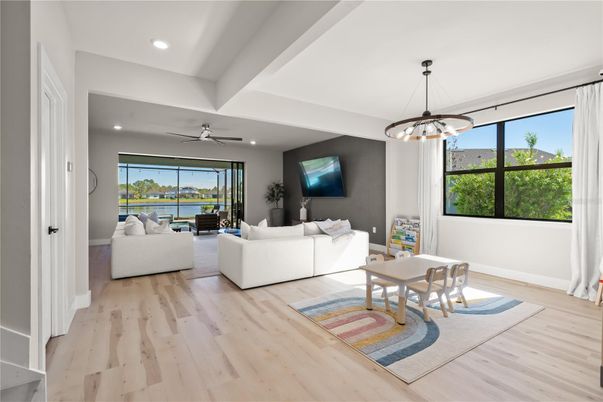 Interior, Living room, Pendant Lights, Recessed Lighting, Water, Wood Texture Flooring