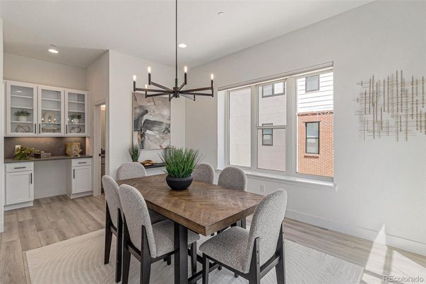 Dining room, Interior, Pendant Lights, Recessed Lighting, Wood Texture Flooring