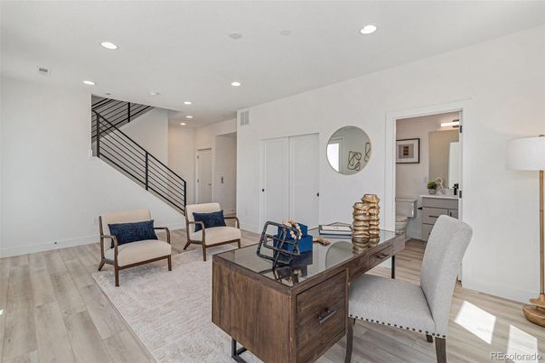 Home Office, Interior, Living room, Recessed Lighting, Wood Texture Flooring