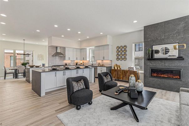Dining room, Fireplace, Interior, Kitchen, Living room, Pendant Lights, Recessed Lighting, Stainless Steel Appliances, Wood Texture Flooring